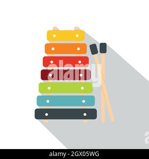 Coloratissimo xilofono giocattolo e bastoni, icona di stile piatto Illustrazione Vettoriale