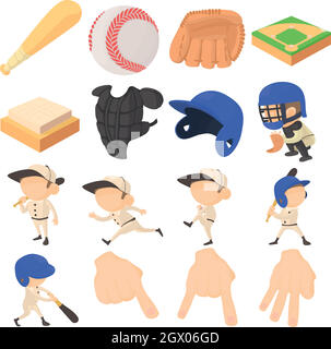 Elementi di baseball di set di icone, stile cartoon Illustrazione Vettoriale