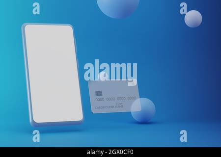 Smartphone con schermo vuoto e carta di credito su sfondo blu. Rendering 3D con cellulare e carta di plastica per banca. Acquisti online e pagamenti digitali Foto Stock
