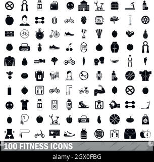 100 fitness set di icone in stile semplice Illustrazione Vettoriale