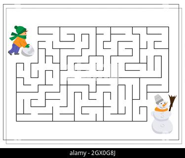 Un gioco di labirinto per i bambini, aiutare il bambino a passare attraverso il labirinto e fare un pupazzo di neve. Vettore Illustrazione Vettoriale