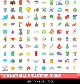 100 catastrofi naturali set di icone, stile cartoon Illustrazione Vettoriale