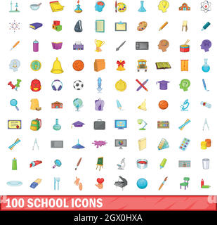 100 Scuola set di icone, stile cartoon Illustrazione Vettoriale