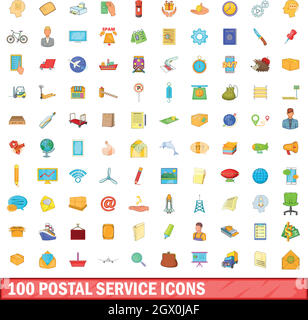 100 Servizio postale set di icone, stile cartoon Illustrazione Vettoriale