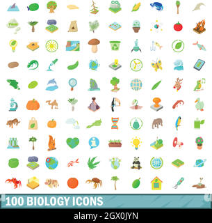 100 Biologia set di icone, stile cartoon Illustrazione Vettoriale