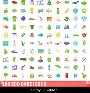 100 eco cura set di icone, stile cartoon Illustrazione Vettoriale