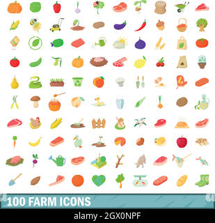 100 farm set di icone, stile cartoon Illustrazione Vettoriale