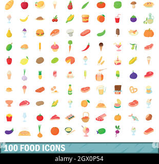 100 food set di icone, stile cartoon Illustrazione Vettoriale