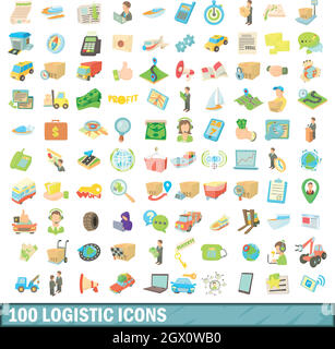 100 logistico set di icone, stile cartoon Illustrazione Vettoriale