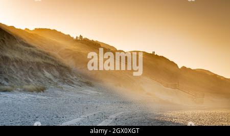 Percorso delle dune su Sylt - i raggi del sole si rompono sul bordo della duna sulla spiaggia tra Wenningstedt e Westerland Foto Stock