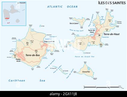 Carta stradale delle isole di Les Saintes, parte della Guadalupa Illustrazione Vettoriale