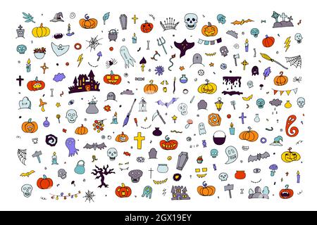 Grande Doodle felice Halloween set. Fantasma disegnato a mano, zucca, candele, teschi, pipistrello su sfondo bianco. Carino e spaventoso banner di personaggi horror per fall holi Illustrazione Vettoriale