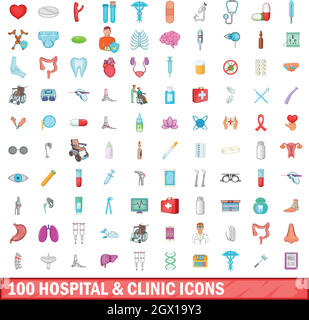 100 hospital Clinic e set di icone, stile cartoon Illustrazione Vettoriale