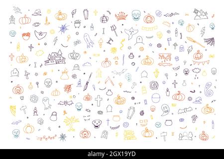 Grande Doodle felice Halloween set. Fantasma disegnato a mano, zucca, candele, teschi, pipistrello su sfondo bianco. Carino e spaventoso banner di personaggi horror per fall holi Illustrazione Vettoriale