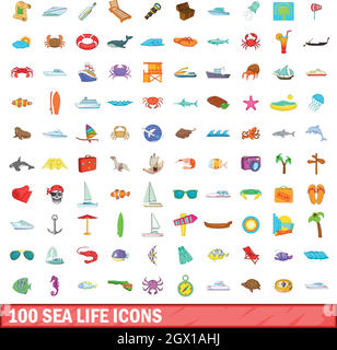 100 Sea life set di icone, stile cartoon Illustrazione Vettoriale