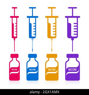 Vari flaconcini di vaccino e simboli di siringhe. Attrezzature per vaccini medicali design piatto icona. Illustrazione Vettoriale