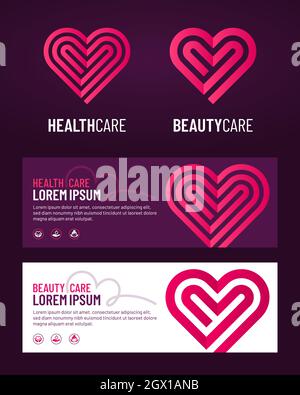 Modelli poster con forme cardiache a strisce. Beauty, Healthcare o Love banner design. Illustrazione Vettoriale