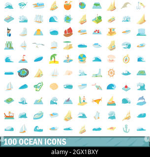 100 ocean set di icone, stile cartoon Illustrazione Vettoriale