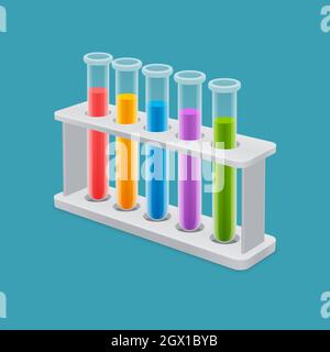 Provette trasparenti con liquido in vari colori sul supporto. Set di icone delle attrezzature da laboratorio 3D. Illustrazione Vettoriale