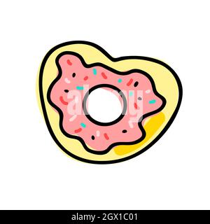 Ciambella a forma di cuore con spruzzi. Dolce rosa carino disegnato a mano su sfondo bianco. Dolce cottura segno di amore, San Valentino, compleanno, celebrità Illustrazione Vettoriale