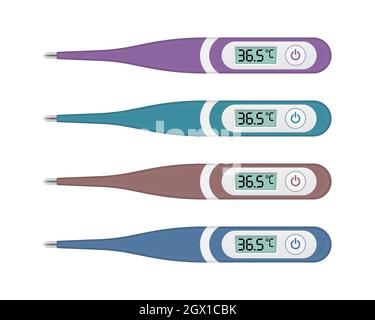 Termometro digitale con simboli isolati in colori pastello. Set di icone realistiche per le apparecchiature mediche. Illustrazione Vettoriale