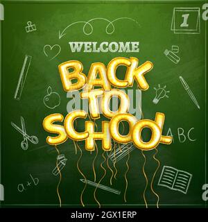 Poster di ritorno a scuola. Bordo verde della scuola con testo del gesso e testo dei palloncini d'oro volanti. Biglietto di auguri. Illustrazione vettoriale Illustrazione Vettoriale