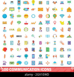 Comunicazione 100 set di icone, stile cartoon Illustrazione Vettoriale