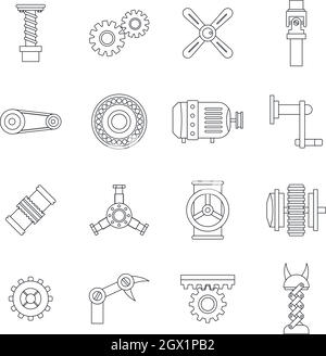 Meccanismi di Techno kit set di icone di stile di contorno Illustrazione Vettoriale