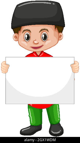 Carino giovane ragazzo cartoon personaggio con banner vuoto Illustrazione Vettoriale