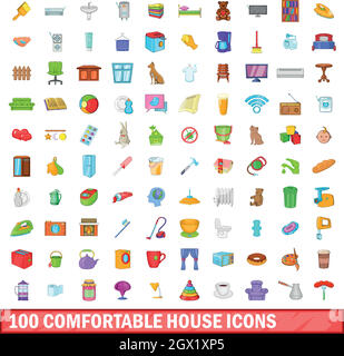 100 confortevoli house set di icone, stile cartoon Illustrazione Vettoriale