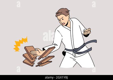 Combattimenti orientali e concetto di arte di guerra. Giovane uomo in kimono bianco in piedi facendo spinta con mano rompere legno sensazione forte sicuro illustrazione vettoriale Illustrazione Vettoriale