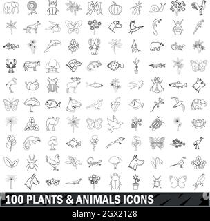 100 piante e animali set di icone di stile di contorno Illustrazione Vettoriale