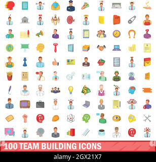 100 team building set di icone, stile cartoon Illustrazione Vettoriale