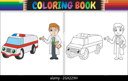 Libro da colorare con giovane medico e ambulanza auto Illustrazione Vettoriale