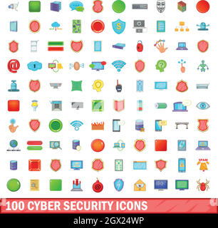 100 cyber security set di icone, stile cartoon Illustrazione Vettoriale