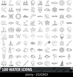 D'ACQUA 100 set di icone di stile di contorno Illustrazione Vettoriale