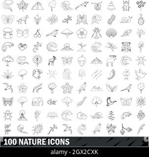 100 icone della natura impostate, stile di contorno Illustrazione Vettoriale