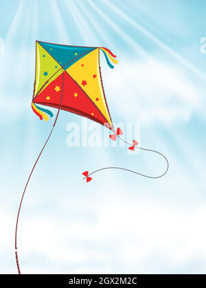 Colorato aquilone vola nel cielo blu Illustrazione Vettoriale
