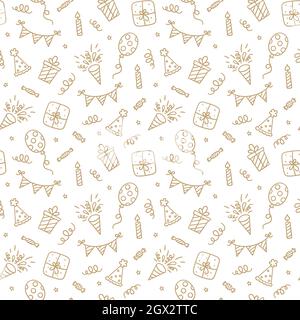 Modello senza cuciture con allegri scarabocchi di compleanno. Schizzo di decorazione del partito, scatola del regalo e palloncini. Disegno dei bambini. Illustrazione vettoriale disegnata a mano a. Illustrazione Vettoriale