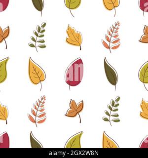 Bella autunno foglie modello colorato senza cuciture ripetizione. Stile piatto alla moda. Ideale per sfondi, design editoriale di abbigliamento, carte, carta da imballaggio regalo. Illustrazione vettoriale isolata su sfondo bianco Illustrazione Vettoriale