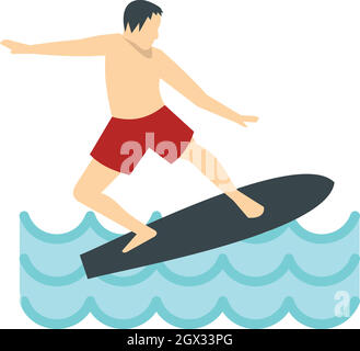 Surfer uomo sulla tavola da surf icona, stile piatto Illustrazione Vettoriale