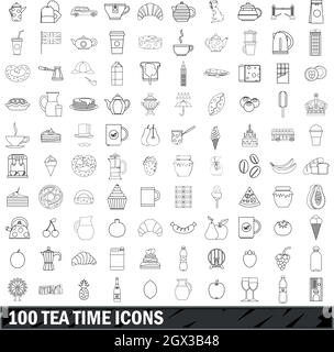 100 tea time set di icone di stile di contorno Illustrazione Vettoriale