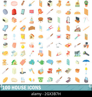 100 Casa set di icone, stile cartoon Illustrazione Vettoriale