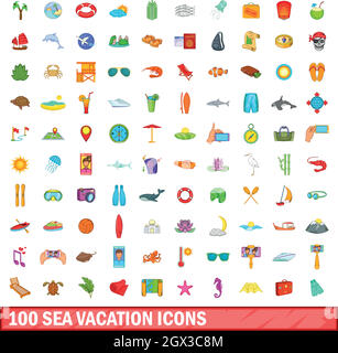 100 mare vacanza set di icone, stile cartoon Illustrazione Vettoriale