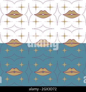 Labbra, forme a stella motivo senza giunture. Elegante superficie dal design festoso in oro, rosso. Sfondo a colori bianco o blu facilmente modificabile. Vettore Illustrazione Vettoriale