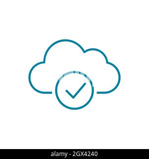 Icona linea con segno di spunta fumetto. Simbolo di accesso approvato. Cloud computing connesso o segno di sì. Download o caricamento terminato. Processo di aggiornamento del software Illustrazione Vettoriale