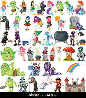Set di personaggi fantasy cartoon e tema fantasy isolato su sfondo bianco Illustrazione Vettoriale