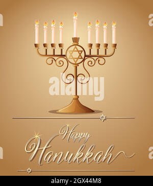 Happy Hanukkah con simbolo e luce ebraica Illustrazione Vettoriale