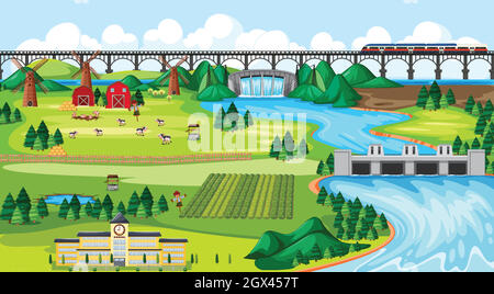 Farm Field città e scuola e ponte treno sopraelevato con diga lato paesaggio scena stile cartone animato Illustrazione Vettoriale