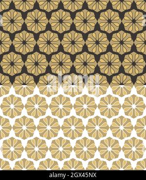 Motivo senza cuciture ornamentali floreali. Griglia geometrica esagonale. Tavolozza di colori beige oro. Marrone o bianco sfondo a colori facilmente modificabile. Vettore Illustrazione Vettoriale